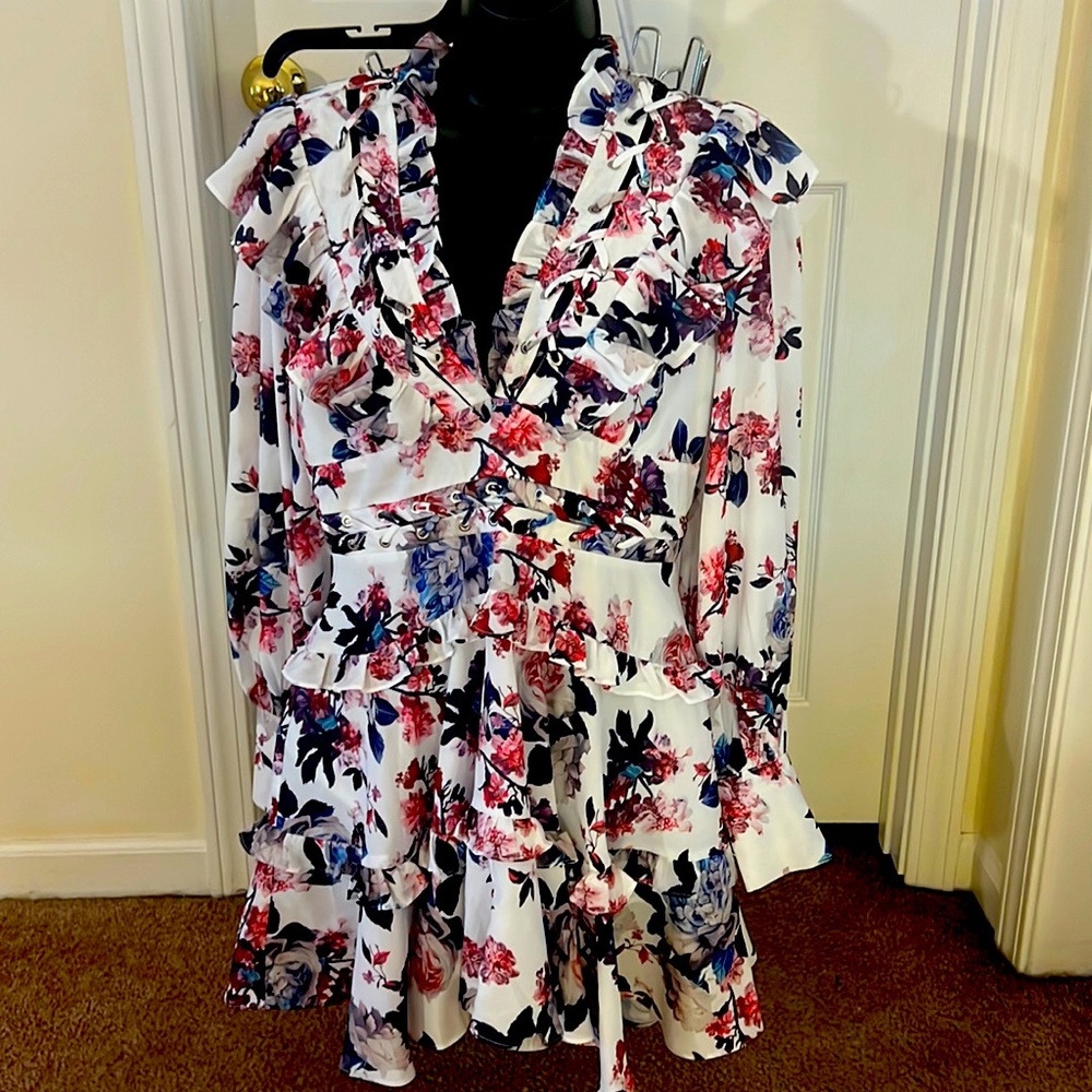 Cutely Coved boutique, purple and white, ruffle floral print mini dress